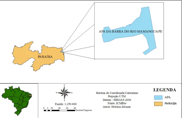 Figura 1. Delimitação da Área de Proteção Ambiental (APA) da Barra do Rio Mamanguape (6º45’-6º50’ S e  34º56’-35º W)