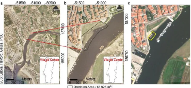 Fig. 1. Localization of the studied area: (a) near the mouth of Ave River; (b) in 2003; (c) in 2010.