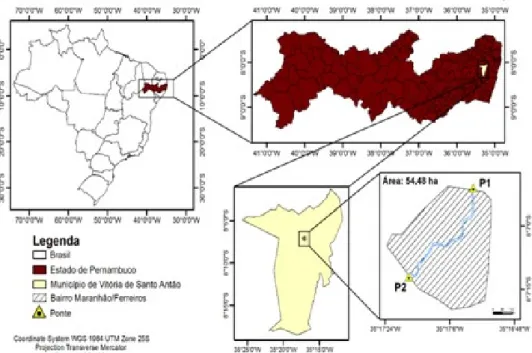 Figura 1. Mapa de localização da área de estudo, no município de Vitória de Santo Antão, na Zona da Mata do  estado de Pernambuco