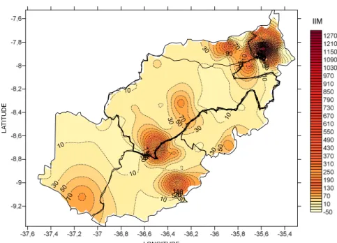 Figura 8. Mapa da distribuição espacial das isolinhas dos valores do índice de irregularidade meteorológica  (IIM) das seis microrregiões do Agreste de Pernambucano na região Nordeste no Brasil, para a série de 1985  a 20 de maio de 2017