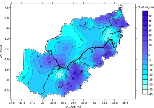 Figura  10.  Distribuição  espacial  dos  valores  dos  coeficientes  do  angulares  da  reta  que  identificar  as  tendências  da  precipitação  média  anual,  para  as  microrregiões  do  Agreste  de  Pernambucano  na  região  do  Nordeste do Brasileiro