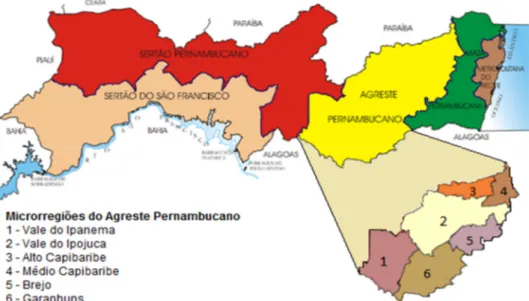 Figura  1.  Localização  geográfica  da  área  de  estudo  e  as  seis  microrregiões  (com  71  municípios)  da  mesorregião do Agreste pernambucano no Nordeste brasileiro