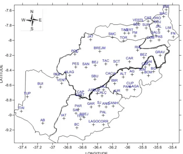 Figura 2. Distribuição espacial das estações meteorológicas utilizadas no estudo, mostrando os 71 municípios  do Agreste Meridional pernambucano na região do Nordeste Brasileiro, para a série de janeiro 1985 a maio  de 2017