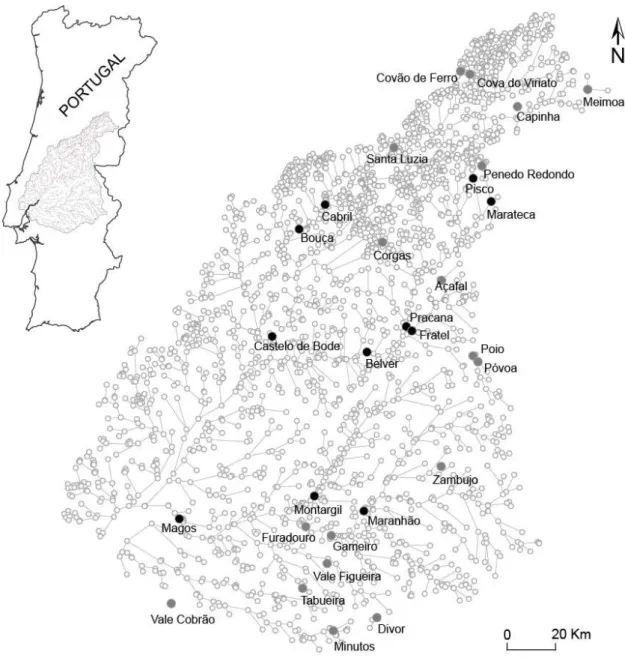 Figure  3.1  -  Study  area  and  graph  model  of  the  target  river  basin  with  the  location  of  the  major dams considered in this study (filled circles)