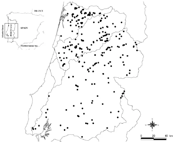 Figure 2.1 – Location of the 196 sampling points in the three river basins (Tagus, Mondego,  and Vouga) in central Portugal
