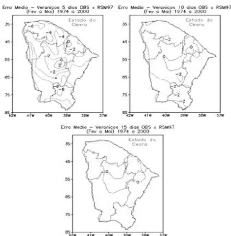 Figura 2. Erro Médio (número de eventos) entre observados e Regional Spectral Model-RSM97, de fevereiro  a maio de 1974 a 2000 para veranicos de 5, 10 e 15 dias