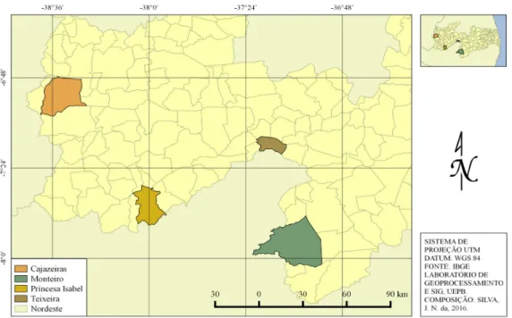 Figura 1. Mapa geográfico do estado da Paraíba, com destaque para as mesorregiões do Sertão e Borborema   Os dados mensais e anuais de chuvas das 