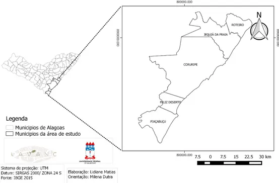 Figura 1. Localização dos municípios do litoral sul do estado de Alagoas, Brasil. 
