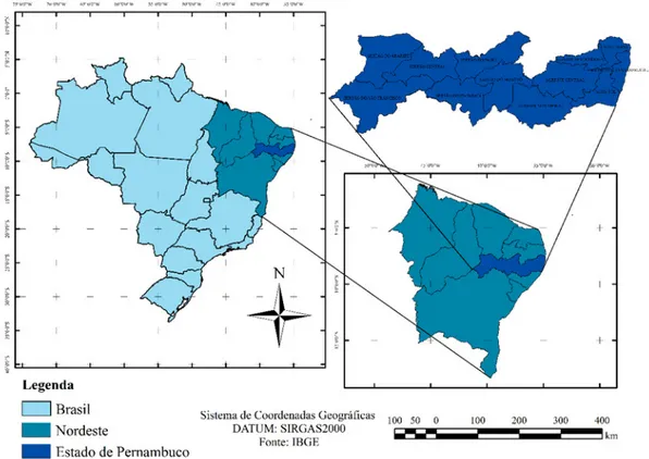 Figura 1. Localização da área de estudo - Estado de Pernambuco - no Nordeste do Brasil