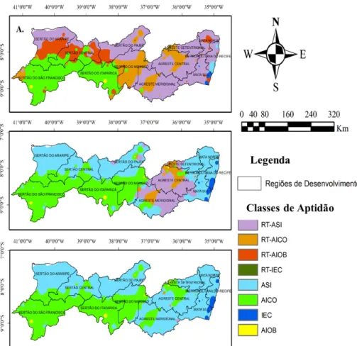 Figura 4. Classes de aptidão climática para o cultivo da moringa no Estado de Pernambuco, para o cenário  atual (A), B2 (B) e A1F1 (C), com as classes: Apta Sem Irrigação (ASI); Apta com Irrigação Complementar 