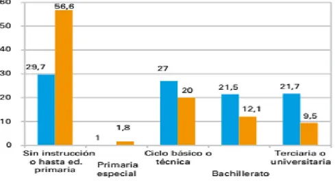 Gráfico 1 - População de 25 ou mais anos de idade por nível educacional máximo atingido, de  acordo com deficiência no Uruguai 