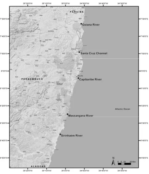 Figure 1. Map of the study area showing the five studied estuaries in Pernambuco State, Brazil