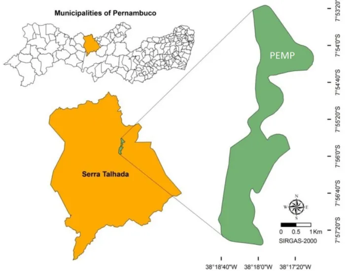 Figure 1. Localization of the Parque Estadual Mata da Pimenteira (PEMP) in the Serra Talhada municipality,  in the Pernambuco State, Brazil