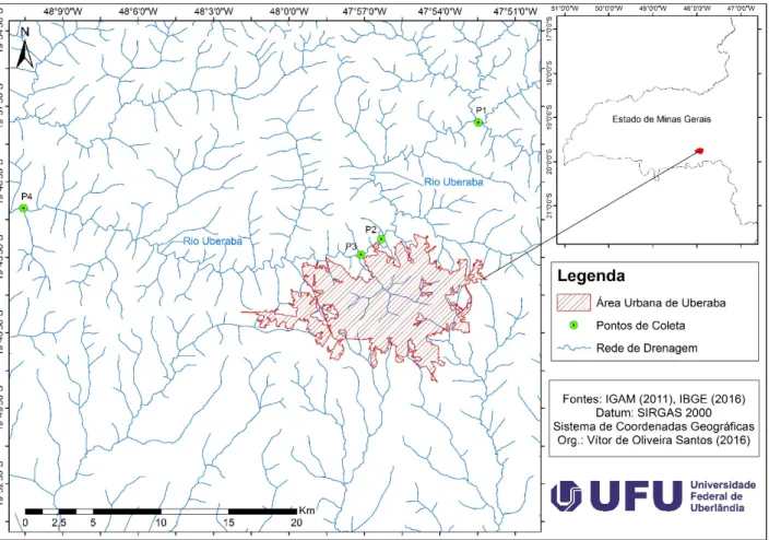 Figura 1. Pontos de amostragem ao longo do Rio Uberaba, Uberaba (MG). 