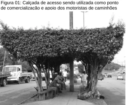 Figura 01: Calçada de acesso sendo utilizada como ponto  de comercialização e apoio dos motoristas de caminhões 