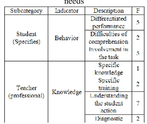 Table 5. Subcategories and indicators of special  needs 