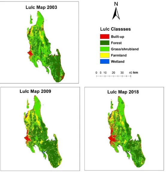 Figure 5.1 below illustrate the LULC classified maps for the year 2003-2009. As it can be seen,  the visual interpretation of the classified images explores extensive changes in various land cover  classes in the study region especially the rapid expansion
