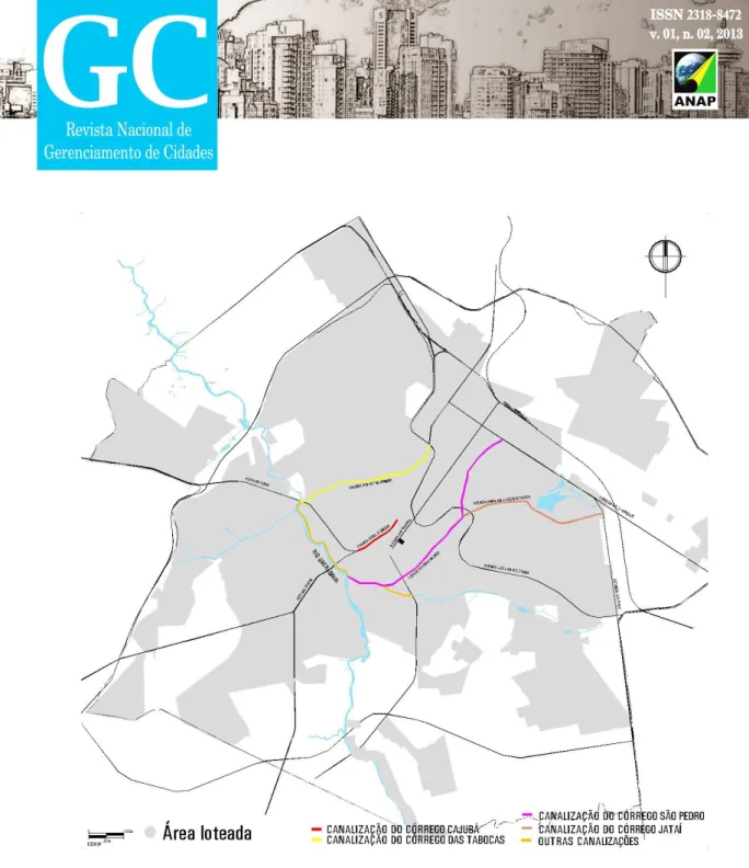 FIGURA 03 – Mancha de crescimento urbano em cinza e em cor a canalização dos córregos/rios.
