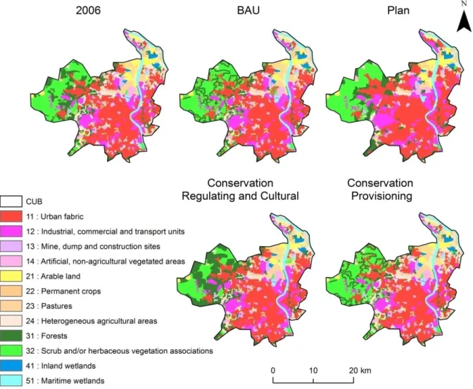 Figure 6 shows  the proportional  LULC  for 2006 and for each scenario. The "Plan" scenario is the one that  accommodates more artificial areas (55.% of total area) being the "Conservation - provisioning" scenario the one  more  restrictive