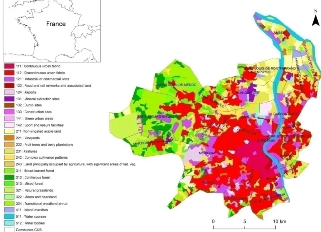 Figure 1 The CUB and land use and land cover in year 2006 (Data sources: EEA, 2006 and IGN, 2012) 