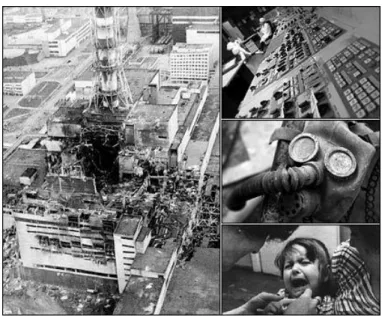 Figura  10  –  Imagens  da  usina  de  Chernobyl  (1986)  pós-acidente  nuclear,  com  equipamentos destruídos e crianças afetadas 