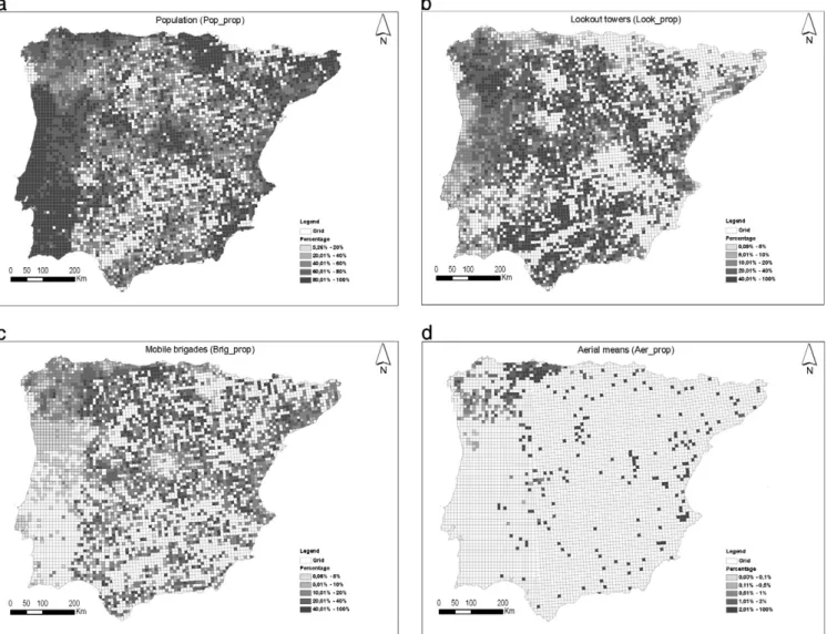 Fig. 7. Spatial distribution (10 × 10 km 2 grid) of proportions of wildﬁre detections performed by the four detection systems: a