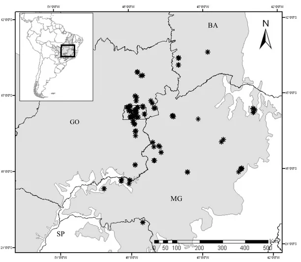 Figura 1. Locais amostrados em áreas de floresta na região do Cerrado entre 2011 e  2013