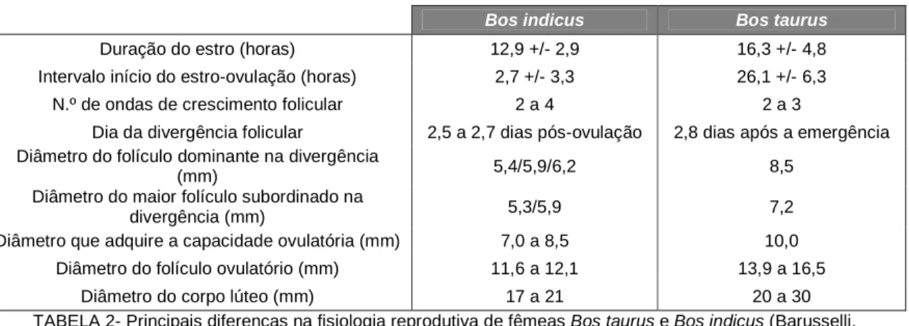 TABELA 2- Principais diferenças na fisiologia reprodutiva de fêmeas Bos taurus e Bos indicus (Barusselli,  2007)