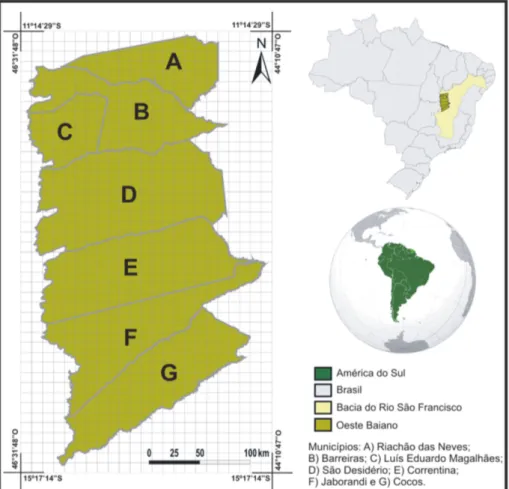 Figura 1. Localização da área de estudo: os sete municípios estudados no Oeste Baiano, Bahia, Brasil
