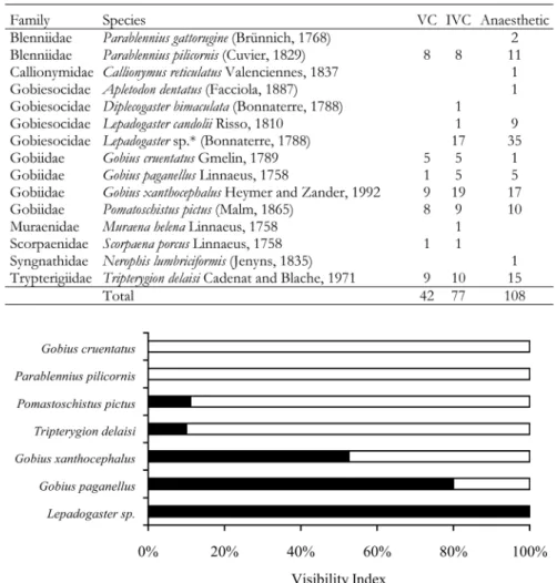 Table II. – Number of specimens of each species recorded by visual census (VC), interference visual census (IVC) and anaesthetic cen- cen-sus
