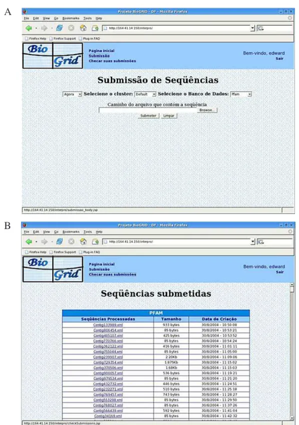 Figure 4. Screenshot of the system. A. User can inform his input data, and can choose the database and the processing site.