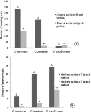 Fig.  2.    Secretory  units.  (A)  Distribution  of  secretory  units  on  different  portions  (basal  and  apical)  of  Calolisianthus  speciosus, C