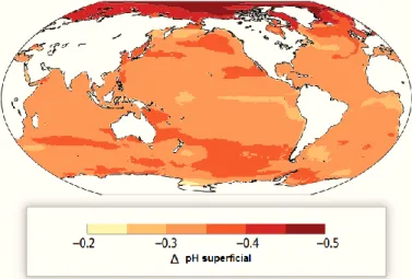 Figura  1.4.  Projeção  das  alterações  previstas  do  pH  do  oceano  em  2100.  Adaptado  de: 