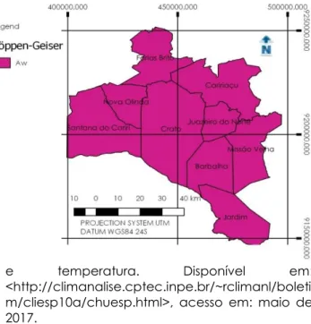 Figure 4. Comparative map between the Köppen-Geiser and Thornthwaite classification for the metropolitan region of the  Cariri region of Ceará