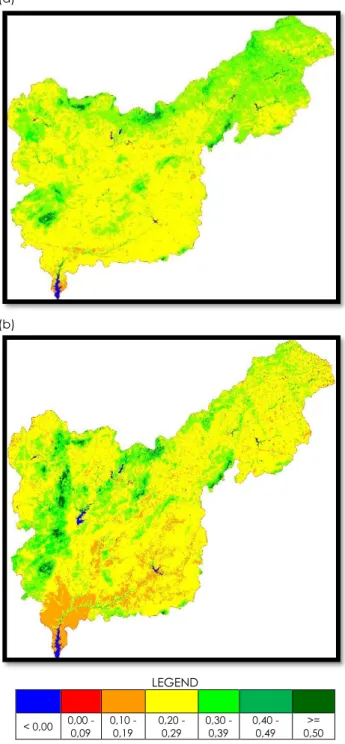 Figure 02. Thematic map of NDVI for days 20 and 27/09/1995  (a) and 13 and 20/11/2009 (b) obtained through the TM sensor  of Landsat 5