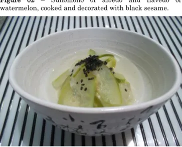 Figure  02  –  Sunomono  of  albedo  and  flavedo  of  watermelon, cooked and decorated with black sesame