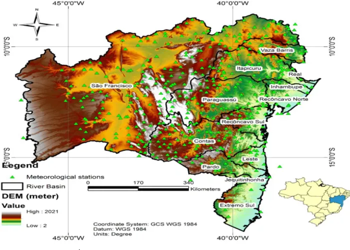 Figure 1. Distribution of the weather stations on a digital elevation model of the state of Bahia, showing the limits of the major river  basins 
