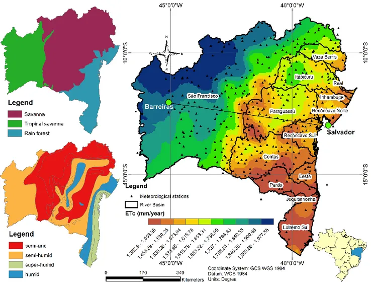 Figure 3. Map of ET o  values over Bahia in association to vegetation and climate maps 