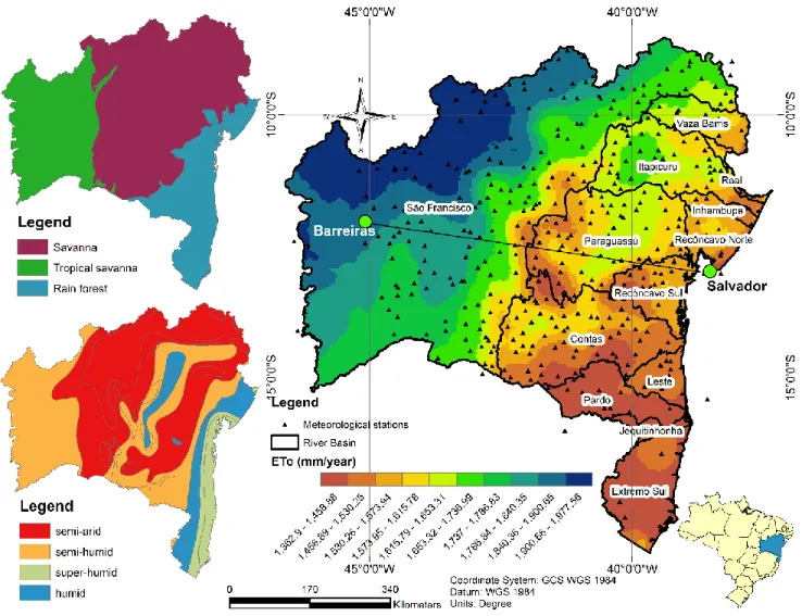 Figure 3. Map of ET o  values over Bahia in association to vegetation and climate maps 