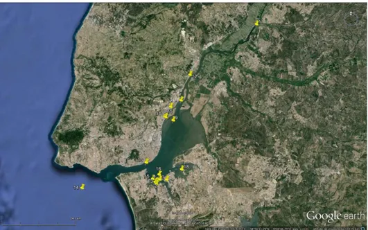 Fig. 3 - Estações de amostragem de sedimento do Estuário do rio Tejo (1 a 18). 