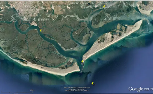 Fig. 4 - Estações de amostragem de sedimento na Ria Formosa (19 a 22). 