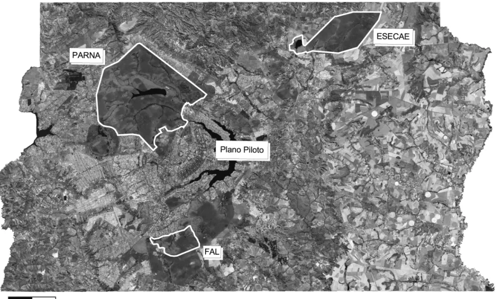 Figura 3. Imagem de satélite mostrando o Distrito Federal e o contorno das três Unidades de Conservação abordadas no  presente estudo