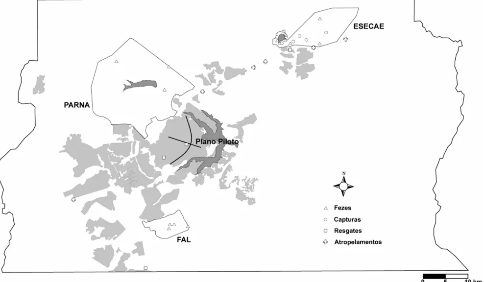 Figura 9. Contorno do Distrito Federal e das Unidades de Conservação mostrando os pontos onde as amostras de  lobos-guará foram obtidas