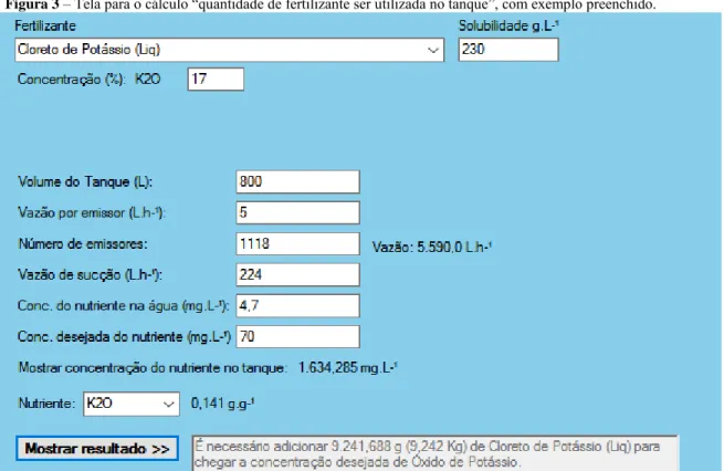 Figura 3 – Tela para o cálculo “quantidade de fertilizante ser utilizada no tanque”, com exemplo preenchido