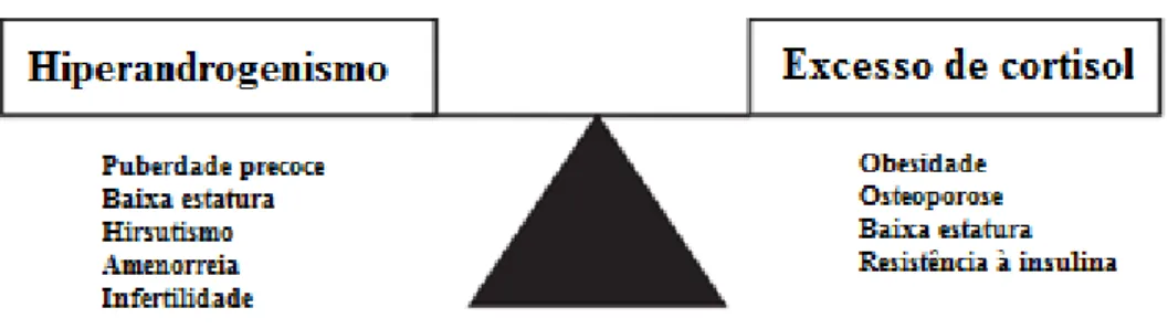 Fig.  3:  A  terapêutica  da  HCSR  assenta  no  equilíbrio  entre  duas  situações  indesejáveis:  o  hiperandrogenismo e o excesso de cortisol