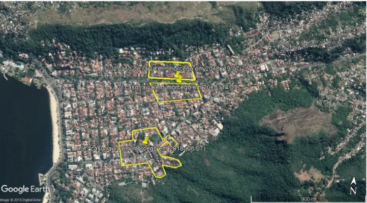 Figura 3. Perímetros ao redor dos casos positivos para raiva em morcegos onde foi efetuado bloqueio vacinal em cães e  gatos no bairro São Francisco, Niterói, RJ, 2018