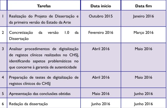 Tabela 1: Plano de Trabalho 