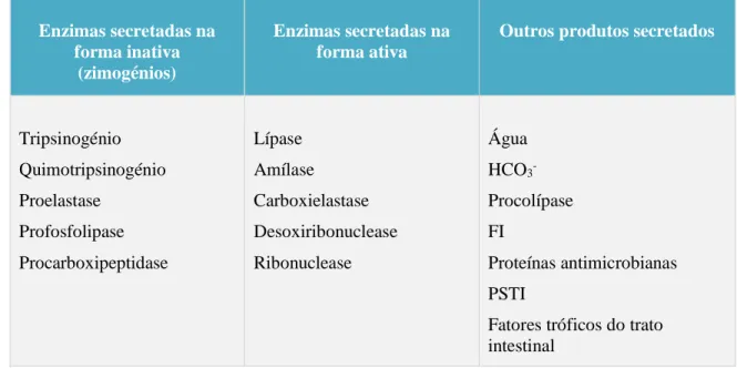 Tabela 1 . Produtos secretados pelo pâncreas exócrino (Adaptado de Steiner, 2008). 