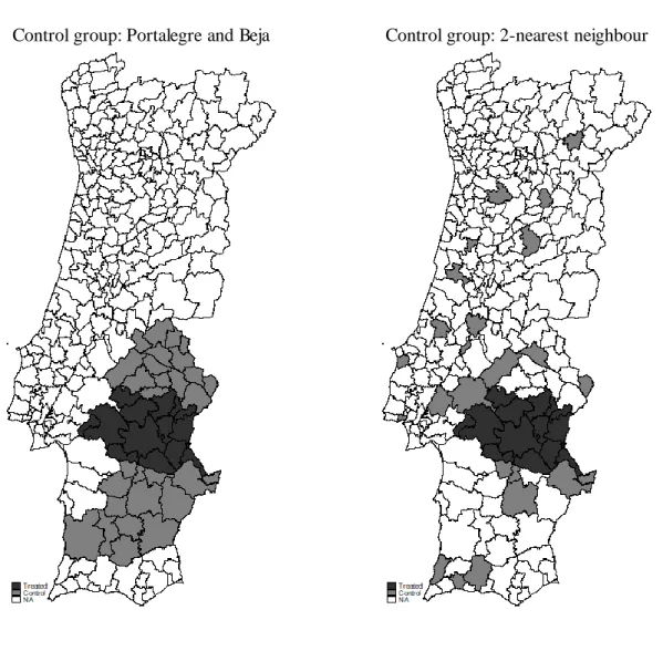 Figure 2 Geographical distribution of the treated and control municipalities   Control group: Portalegre and Beja  Control group: 2-nearest neighbour 