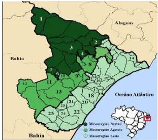 Figura  1.  Mapa  de  Sergipe  dividido  em  suas  três  mesorregiões  indicando numericamente os municípios dos rebanhos de  pequenos ruminantes examinados
